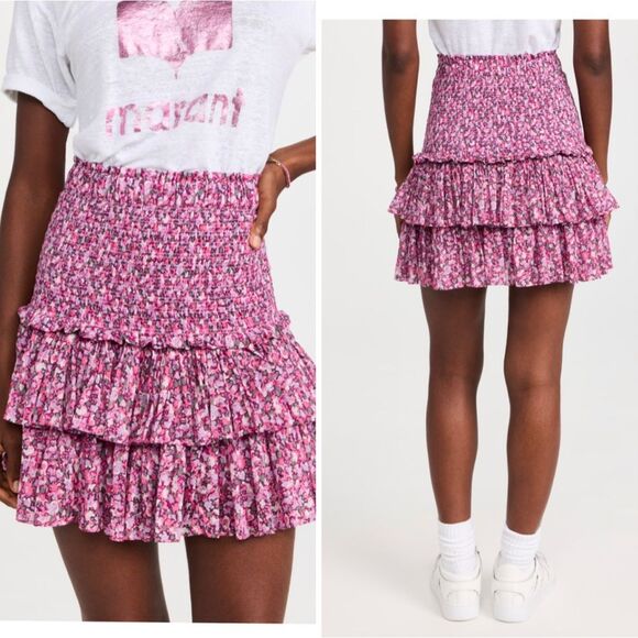 ISABEL MARANT ETOILE Pink Floral Skirt Naomi Smocked Tiered Cotton Size 38 NWT - Picture 9 of 9